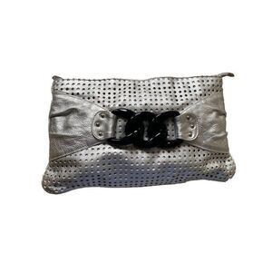 Aleanto Collezioni Clutch Purse Bag Large Leather Black Silver 15  x 8 Chain